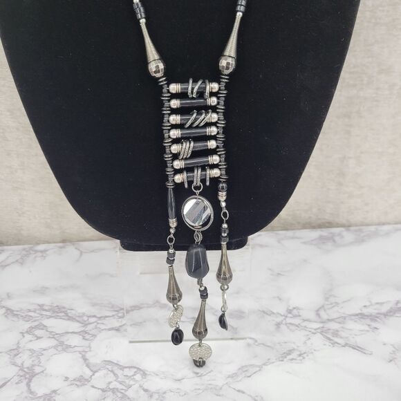 Treska Black Silver Beads Drop Necklace Native American Inspired Statement Boho - Picture 10 of 16